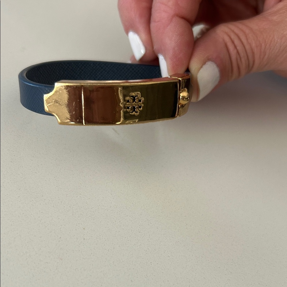 Tory Burch Navy Leather Bracelet with Gold Logo Plate